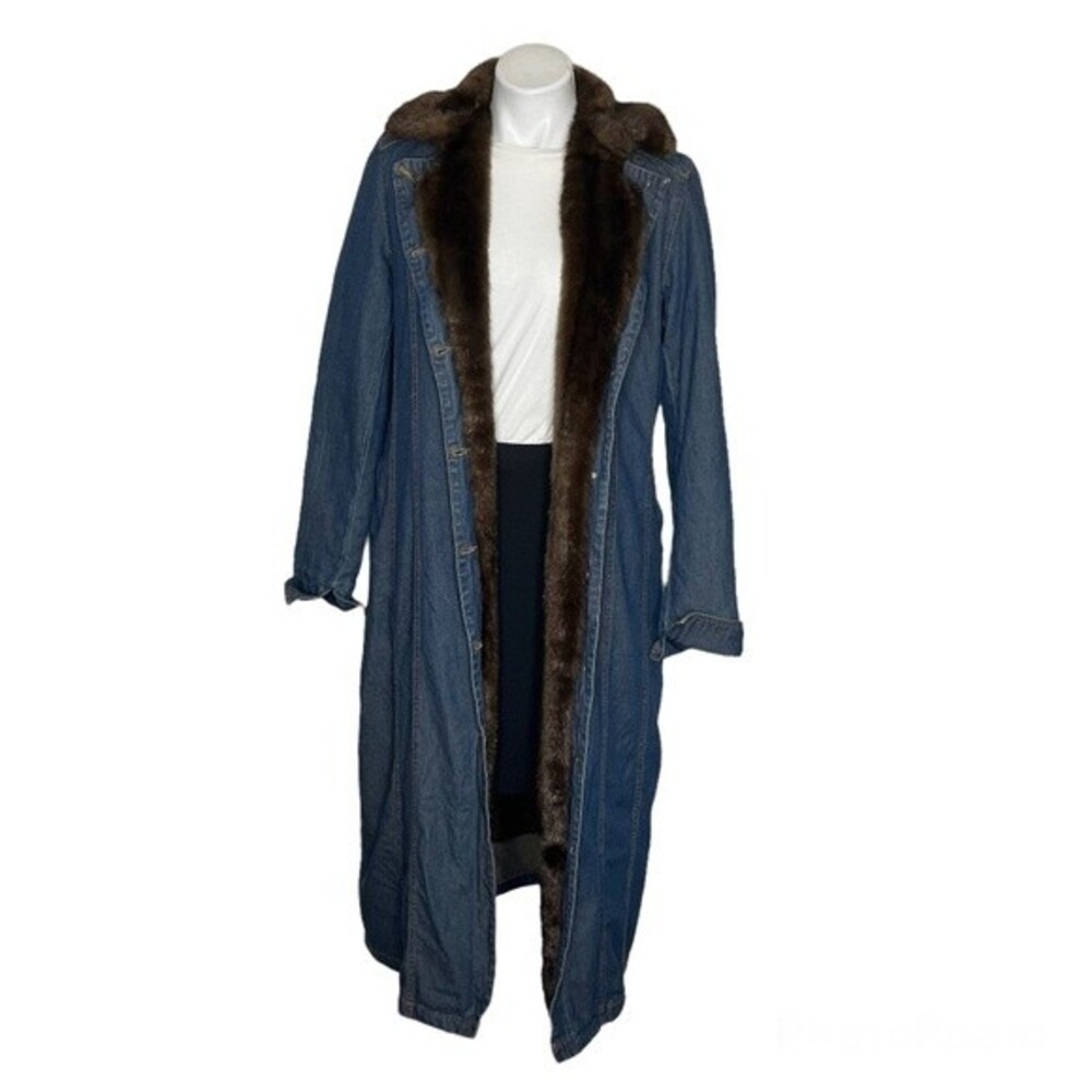 NEWPORT NEWS Denim Blue Jean Coat Brown Faux Fur Trim Quilted Lining Size 10 VTG